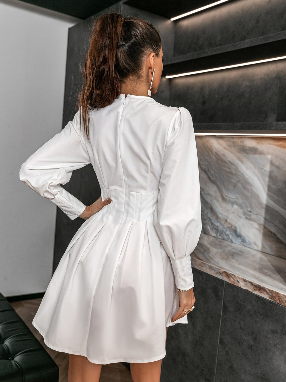 Glamaker Lantern Sleeve Fold Pleat Curved Hem Dress