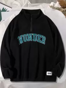 Aesthetic Post--Men Plus Letter Patched Detail Half Zip Fleece Thermal Sweatshirt - Black - View 1