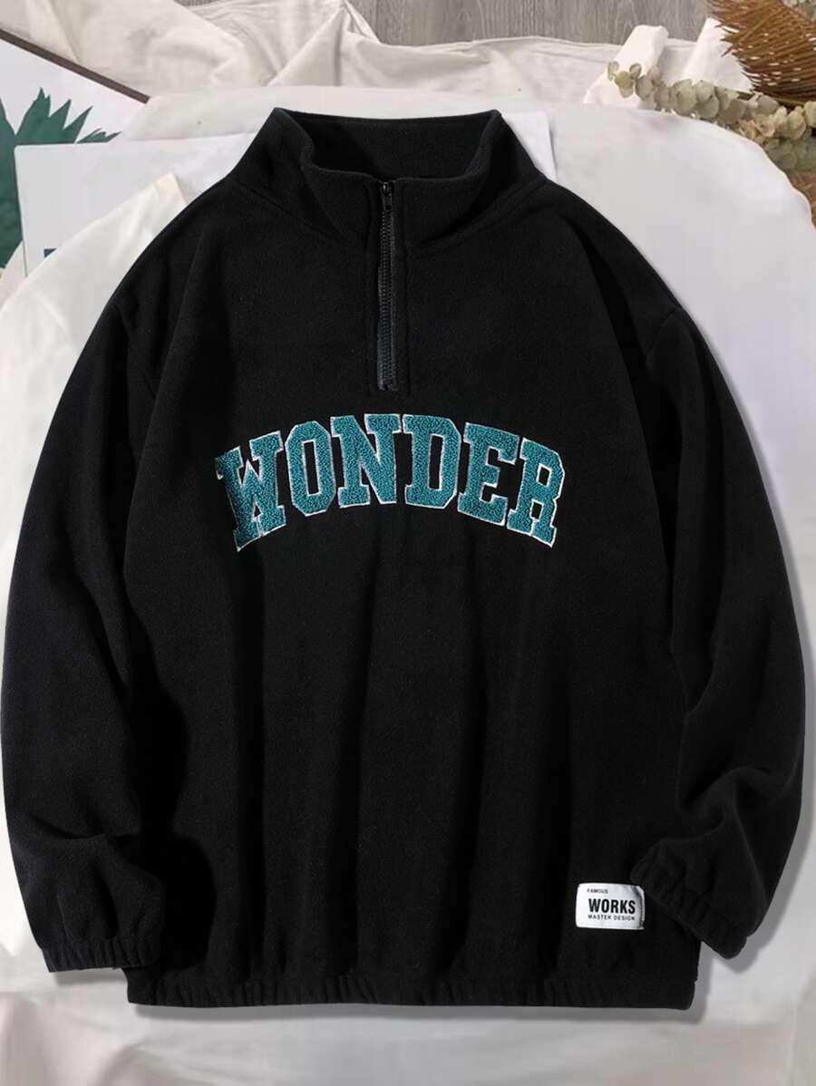 Aesthetic Post--Men Plus Letter Patched Detail Half Zip Fleece Thermal Sweatshirt - Black - View 1