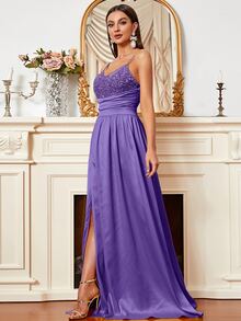 Missord Sequin Ruched Wrap Hem Cami Floor Dress - Violet Purple - View 3