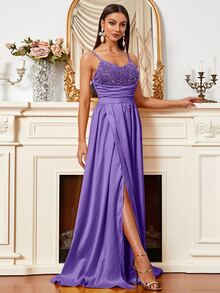 Missord Sequin Ruched Wrap Hem Cami Floor Dress - Violet Purple - View 4