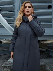 Astrid Plus Size Zip Up Pocket Side Hooded Padded Coat - Dark Grey - View 3