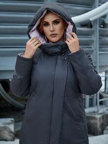 Astrid Plus Size Zip Up Pocket Side Hooded Padded Coat - Dark Grey - View 4