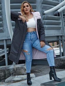 Astrid Plus Size Zip Up Pocket Side Hooded Padded Coat - Dark Grey - View 5