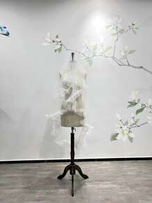 Velo nupcial con adorno de volantes y perlas falsas, ropa de otoño para mujeres - Blanco - Ver 1