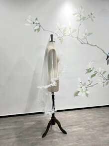 Velo nupcial con adorno de volantes y perlas falsas, ropa de otoño para mujeres - Blanco - Ver 3