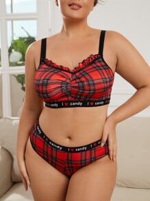 Plus Plaid Print Letter Tape Panel Ruched Frill Trim Lingerie Set - Multicolor - View 1