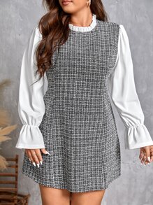 SHEIN Clasi Plus Plaid Flounce Sleeve Frilled Neck Tweed Dress - Black and White - View 1