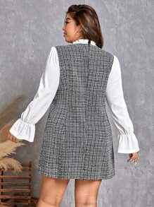 SHEIN Clasi Plus Plaid Flounce Sleeve Frilled Neck Tweed Dress - Black and White - View 2