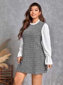 SHEIN Clasi Plus Plaid Flounce Sleeve Frilled Neck Tweed Dress - Black and White - View 4