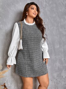 SHEIN Clasi Plus Plaid Flounce Sleeve Frilled Neck Tweed Dress - Black and White - View 5