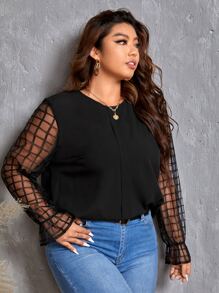 SHEIN Privé Plus Contrast Plaid Mesh Flounce Sleeve Blouse - Black - View 2