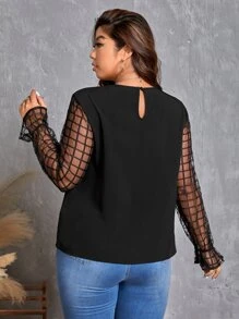 SHEIN Privé Plus Contrast Plaid Mesh Flounce Sleeve Blouse - Black - View 3