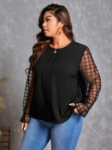 SHEIN Privé Plus Contrast Plaid Mesh Flounce Sleeve Blouse - Black - View 4