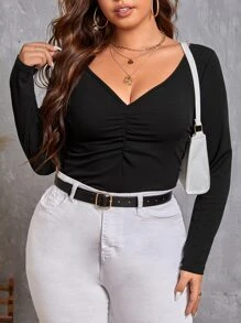 SHEIN Essnce Plus Ruched Front Ribbed Knit Tee - Black - View 1