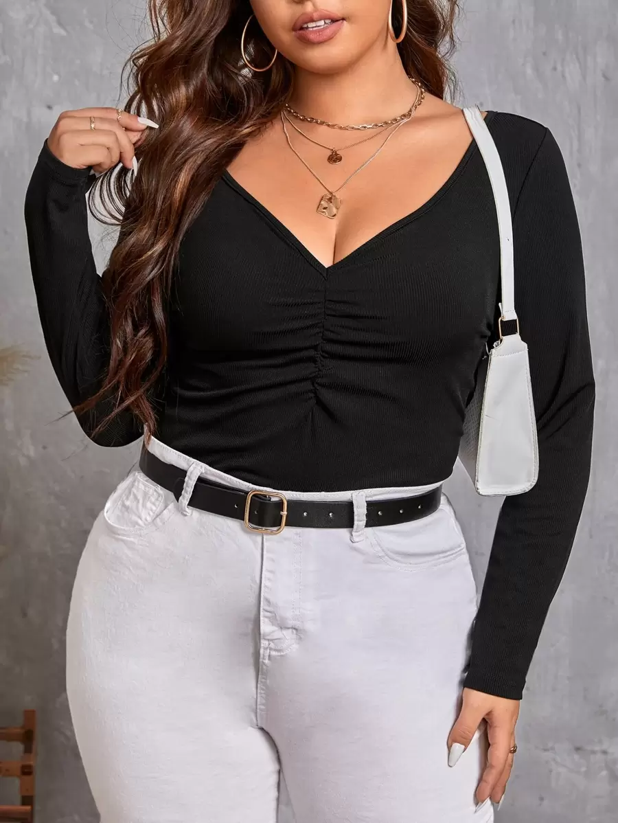 SHEIN Essnce Plus Ruched Front Ribbed Knit Tee - Black - View 1