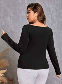SHEIN Essnce Plus Ruched Front Ribbed Knit Tee - Black - View 2