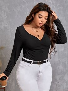 SHEIN Essnce Plus Ruched Front Ribbed Knit Tee - Black - View 3