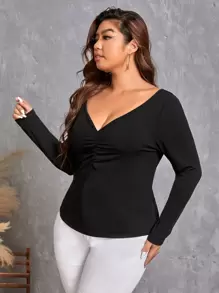 SHEIN Essnce Plus Ruched Front Ribbed Knit Tee - Black - View 4