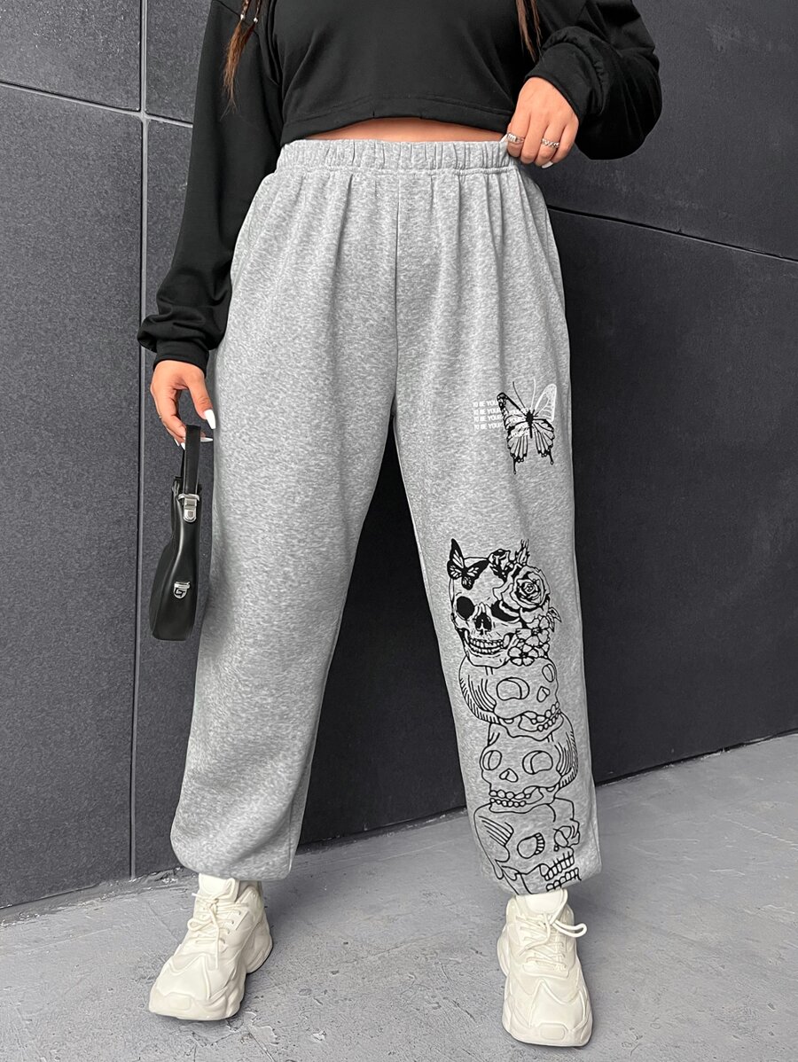 CovetEZ Plus Size Quần thể thao Đồ họa Loại bướm - Màu Xám nhạt - Xem 1