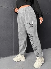 CovetEZ Plus Size Quần thể thao Đồ họa Loại bướm - Màu Xám nhạt - Xem 4