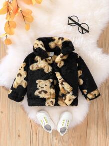 Baby Cartoon Pattern Flannel Jacket - Black - View 1