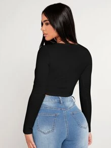 SHEIN PETITE Square Neck Asymmetrical Hem Crop Women Black Tee - Black - View 2