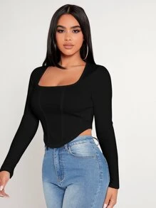 SHEIN PETITE Square Neck Asymmetrical Hem Crop Women Black Tee - Black - View 4