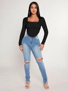 SHEIN PETITE Square Neck Asymmetrical Hem Crop Women Black Tee - Black - View 5