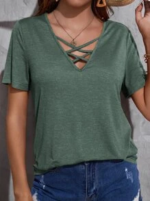 SHEIN LUNE Crisscross V Neck Tee - Dark Green - View 1
