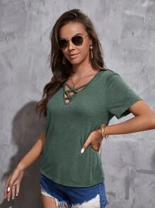 SHEIN LUNE Crisscross V Neck Tee - Dark Green - View 3