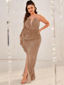 Giffniseti 大碼單肩高衩亮片正式連衣裙 - 杏色 - 查看 4