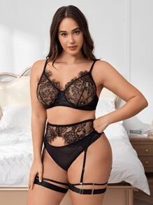 Plus 5pack Eyelash Lace Cut Out Garter Underwire Lingerie Set - Black - View 3