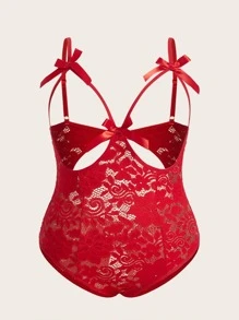 Classic Sexy Plus Bow Front Lace Teddy Bodysuit - Red - View 1