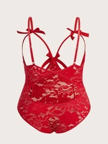 Classic Sexy Plus Bow Front Lace Teddy Bodysuit - Red - View 2