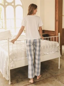 Tartan & Colorblock Patch Pocket Áo trắng & Quần thắt lưng PJ Set / Pyjama Set - trắng - Xem 2