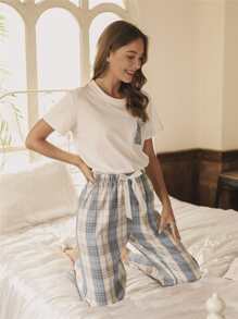 Tartan & Colorblock Patch Pocket Áo trắng & Quần thắt lưng PJ Set / Pyjama Set - trắng - Xem 3