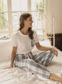Tartan & Colorblock Patch Pocket Áo trắng & Quần thắt lưng PJ Set / Pyjama Set - trắng - Xem 4