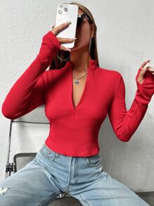 Muchica Áo thun nữ Dây kéo màu trơn Giải trí - Đỏ - Xem 1