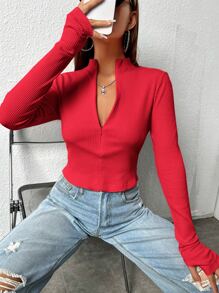 Muchica Áo thun nữ Dây kéo màu trơn Giải trí - Đỏ - Xem 3