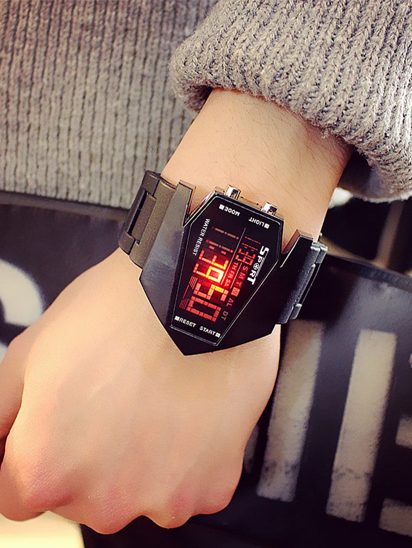 1pc Creative 7-Color LED Multifunctional Plane Display Watch - Black - View 1