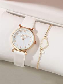 1 pieza Reloj cuarzo de puntero redondo & 1 pieza Pulsera - Blanco - Ver 2