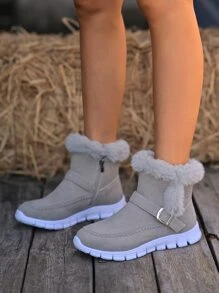 Schneestiefel mit Schnallendekor für Damen aus Kunstwildleder mit Teddyfutter, minimalistische Outdoor-Sport-Warm-Schneestiefel