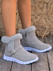 Schneestiefel mit Schnallendekor für Damen aus Kunstwildleder mit Teddyfutter, minimalistische Outdoor-Sport-Warm-Schneestiefel