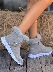 Schneestiefel mit Schnallendekor für Damen aus Kunstwildleder mit Teddyfutter, minimalistische Outdoor-Sport-Warm-Schneestiefel