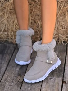 Schneestiefel mit Schnallendekor für Damen aus Kunstwildleder mit Teddyfutter, minimalistische Outdoor-Sport-Warm-Schneestiefel