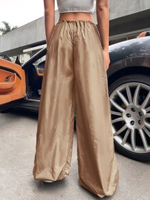 SHEIN ICON 90年代低腰腰部抽繩降落傘褲 - 卡其色 - 查看 2