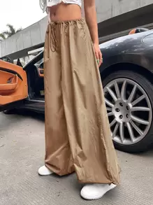 SHEIN ICON 90年代低腰腰部抽繩降落傘褲 - 卡其色 - 查看 3