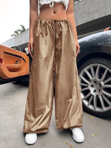 SHEIN ICON 90年代低腰腰部抽繩降落傘褲 - 卡其色 - 查看 5