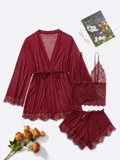 طقم لانجري بدانتيل شبكي متباين مع روب وحزام - 4 قطع